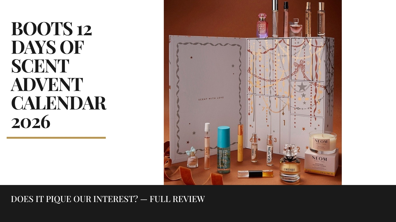 The Boots 12 Days of Scent Advent Calendar 2026 with its 15 fragrance products displayed in front of it