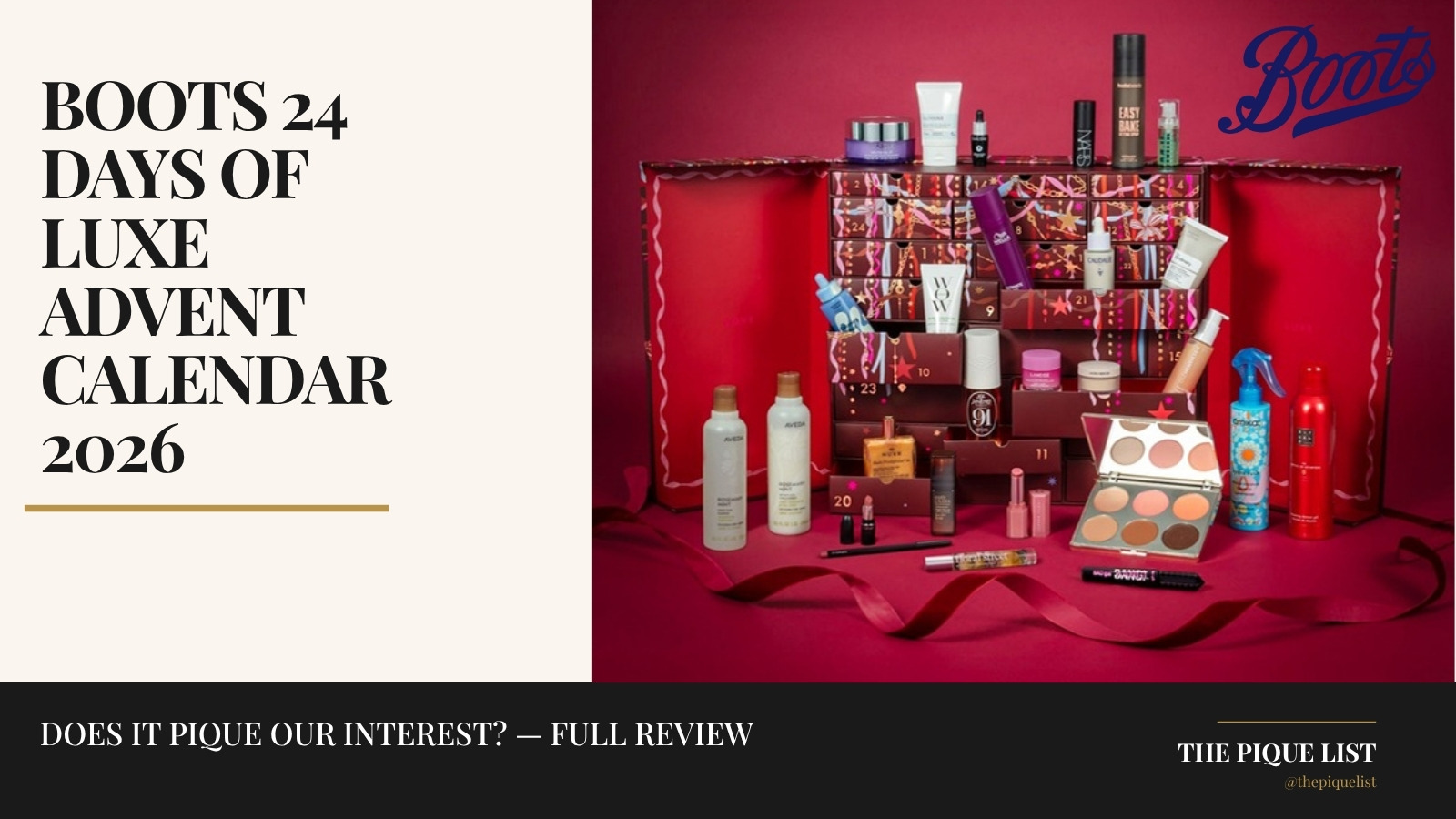 The Boots 24 Days of Luxe Advent Calendar 2026 with its 27 beauty products displayed in front of it