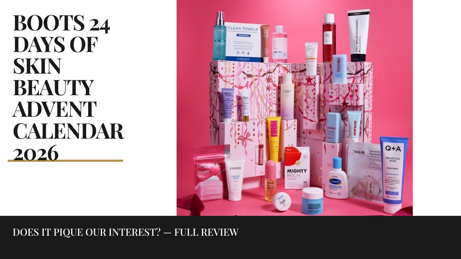 The Boots 24 Days of Skin Advent Calendar 2026 with its 24 skincare products displayed in front of it