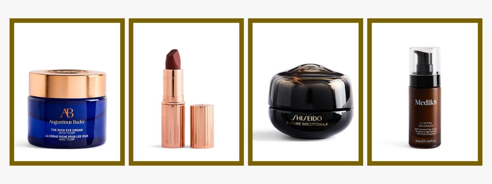 Pique Picks from the Harrods Beauty Advent Calendar 2026: Augustinus Bader The Rich Eye Cream, Charlotte Tilbury Pillow Talk lipstick, Shiseido Future Solution LX eye and lip cream and Medik8 C-Tetra Advanced serum