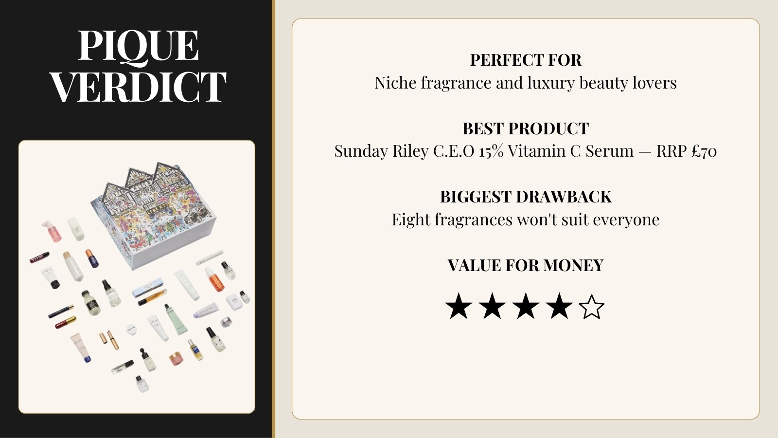 Pique Verdict card for the Liberty Beauty Advent Calendar 2026. Perfect for: niche fragrance and luxury beauty lovers. Best product: Sunday Riley C.E.O. 15% Vitamin C Serum, RRP £70. Biggest drawback: eight fragrances won’t suit everyone. Value for money: 4 out of 5 stars.