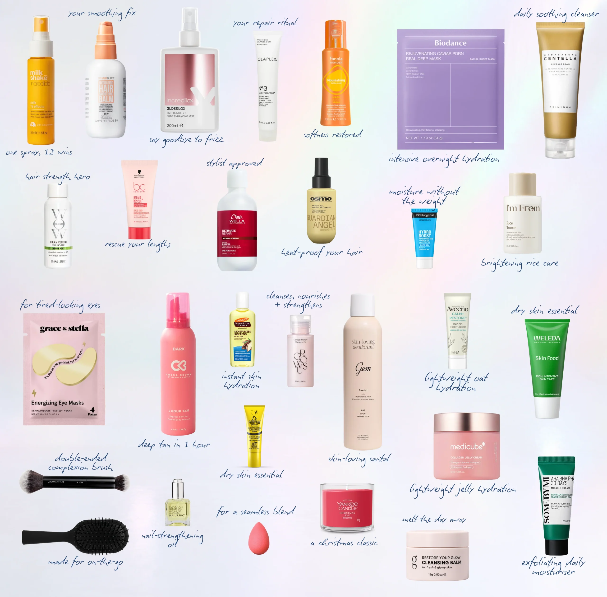 Full contents of the Justmylook Beauty Advent Calendar 2026, all 29 haircare, skincare and body products laid out