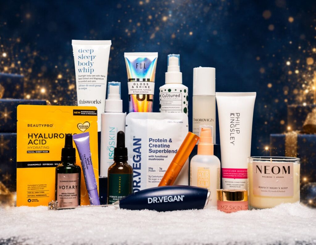 Face the Future Winter Radiance Edit 2026 contents, including Omorovicza, Votary, MZ Skin, Philip Kingsley and NEOM, arranged on snow