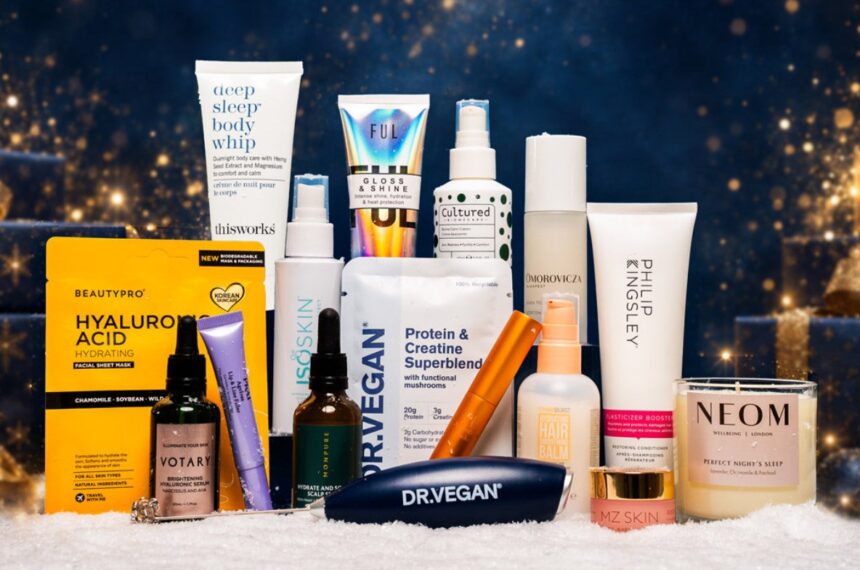 Face the Future Winter Radiance Edit 2026 contents, including Omorovicza, Votary, MZ Skin, Philip Kingsley and NEOM, arranged on snow