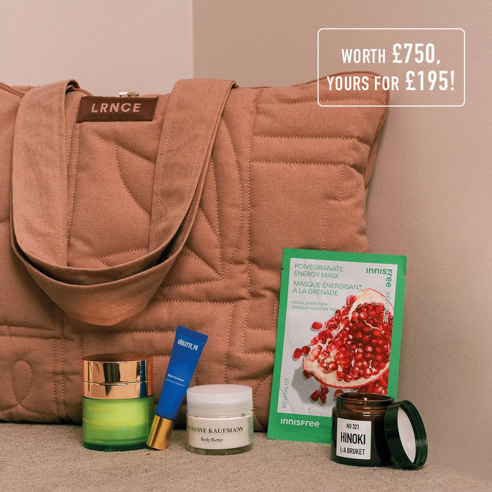 LRNCE x Oh My Cream Advent Calendar 2026: the reusable LRNCE quilted tote with products including Violette_FR, Susanne Kaufmann, Innisfree and L:a Bruket
