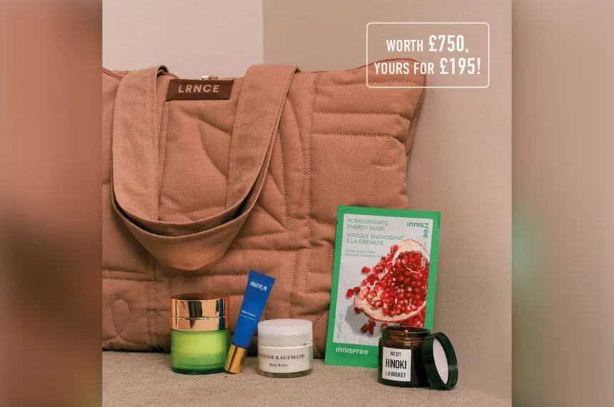 LRNCE x Oh My Cream Advent Calendar 2026: the reusable LRNCE quilted tote with products including Violette_FR, Susanne Kaufmann, Innisfree and L:a Bruket