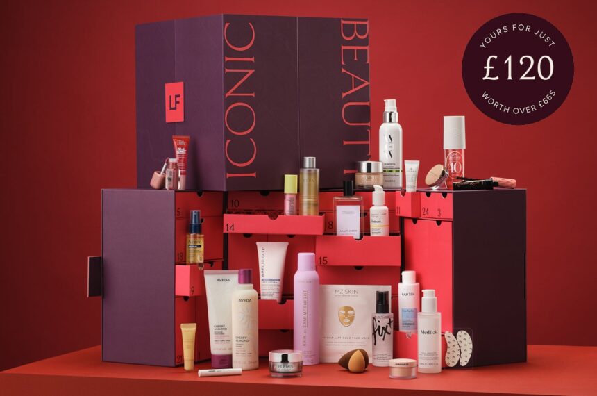 The Lookfantastic Beauty Advent Calendar 2026 box with its drawers open and all 27 products displayed in front