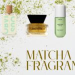 Le Labo Thé Matcha 26, Obvious, Nette, Phlur Matcha Milk and Molton Brown Tea Ceremony bottles arranged with loose matcha powder