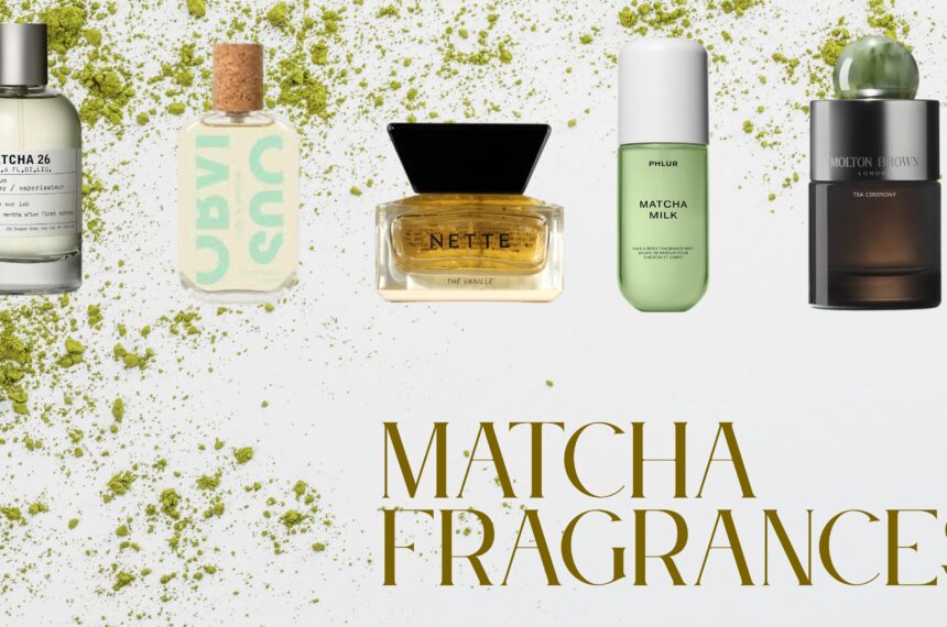 Le Labo Thé Matcha 26, Obvious, Nette, Phlur Matcha Milk and Molton Brown Tea Ceremony bottles arranged with loose matcha powder