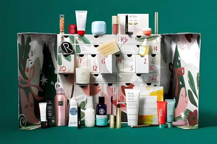 YOU Beauty Advent Calendar 2026 products, including skincare and makeup, displayed against a green background