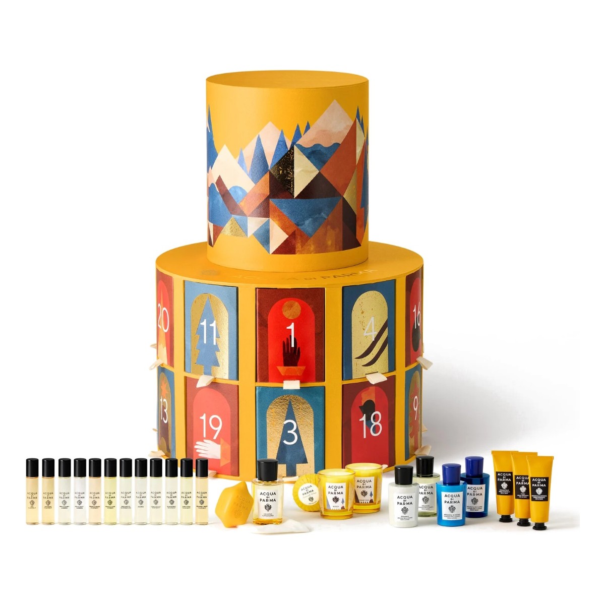 The Acqua di Parma Advent Calendar 2026, a tiered yellow tower of numbered doors, with its fragrances, hand creams, soaps and candles lined up in front