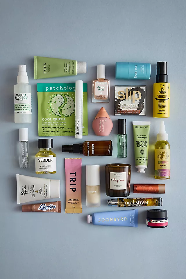 Full contents of the Anthropologie 24 Days of Beauty Advent Calendar 2026 laid out, including ESPA, Patchology, Mario Badescu, Slip, Verden and Floral Street