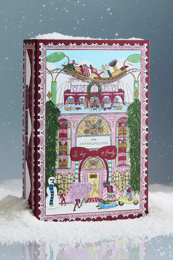 Anthropologie 24 Days of Beauty Advent Calendar 2026 box with Nephthys Foster illustrated artwork