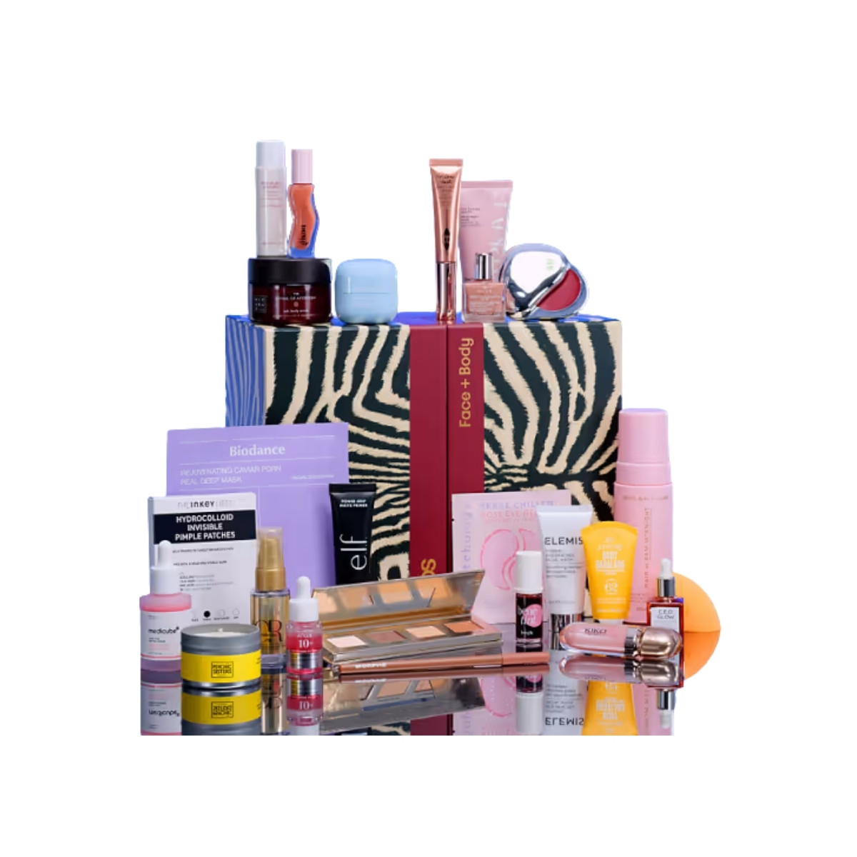 The ASOS Face + Body Advent Calendar 2026 with its makeup and skincare displayed around the zebra-print box