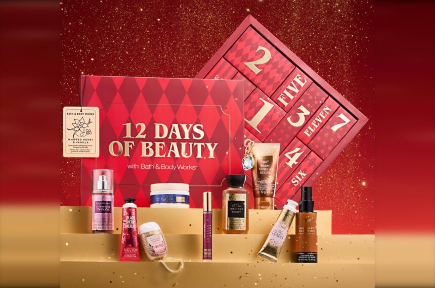 The Bath & Body Works 12 Days of Beauty advent calendar 2026 with its twelve products, from hand creams to a cologne mist, lined up in front of the red box