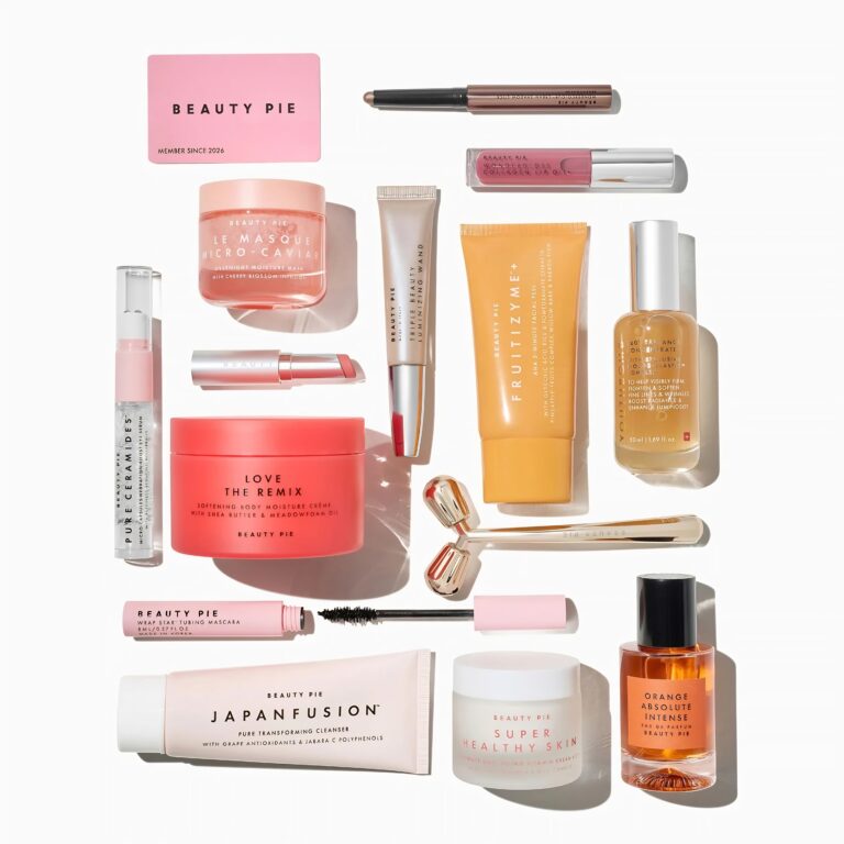 The Beauty Pie advent calendar 2026 alternative: all 14 full-size products laid flat, with the Beauty Pie membership card