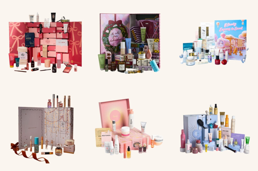 Six beauty advent calendars under £100 for 2026, each open with its products: Glossybox, Anthropologie 24 Days, StyleKorean, Boots 12 Days of Scent, Harrods 12 Days of Hair & Body and Justmylook