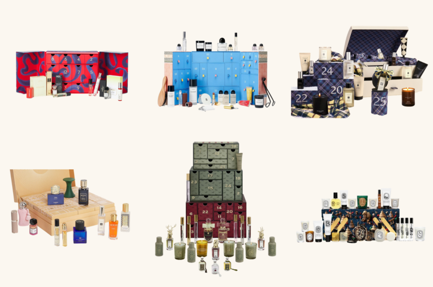 Fragrance advent calendars 2026 from John Lewis, Byredo, Jo Malone, Harrods, Penhaligon's and Diptyque, each shown with its contents