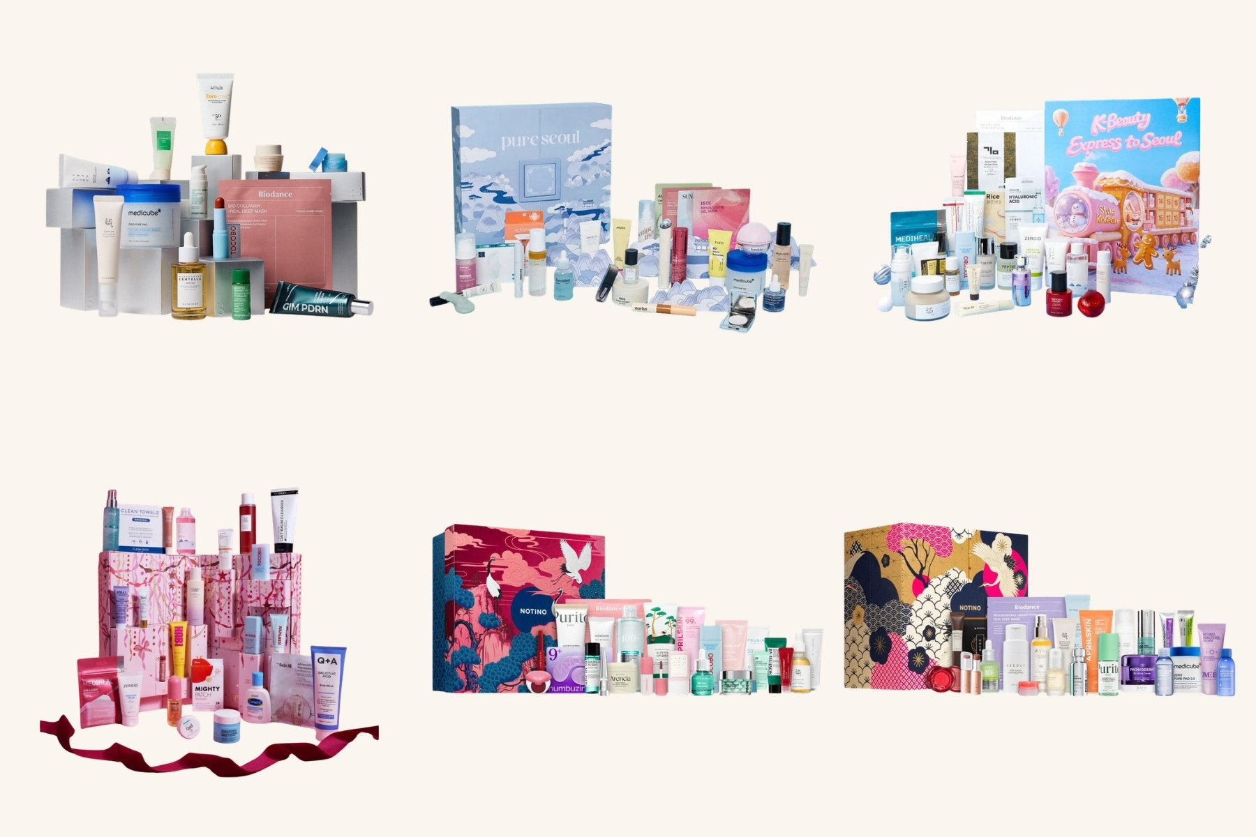 A selection of K-beauty advent calendars for 2026 with their products