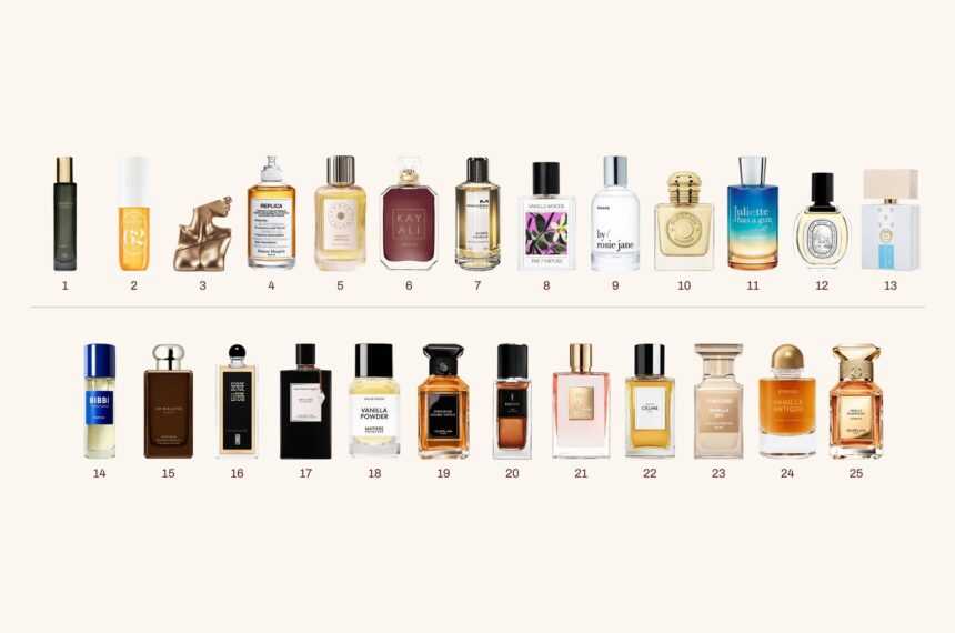 The 25 best vanilla perfumes of 2026, numbered 1 to 25 in price order, from Zara Immortal Vanilla to Guerlain Vanille Planifolia Extrait 21