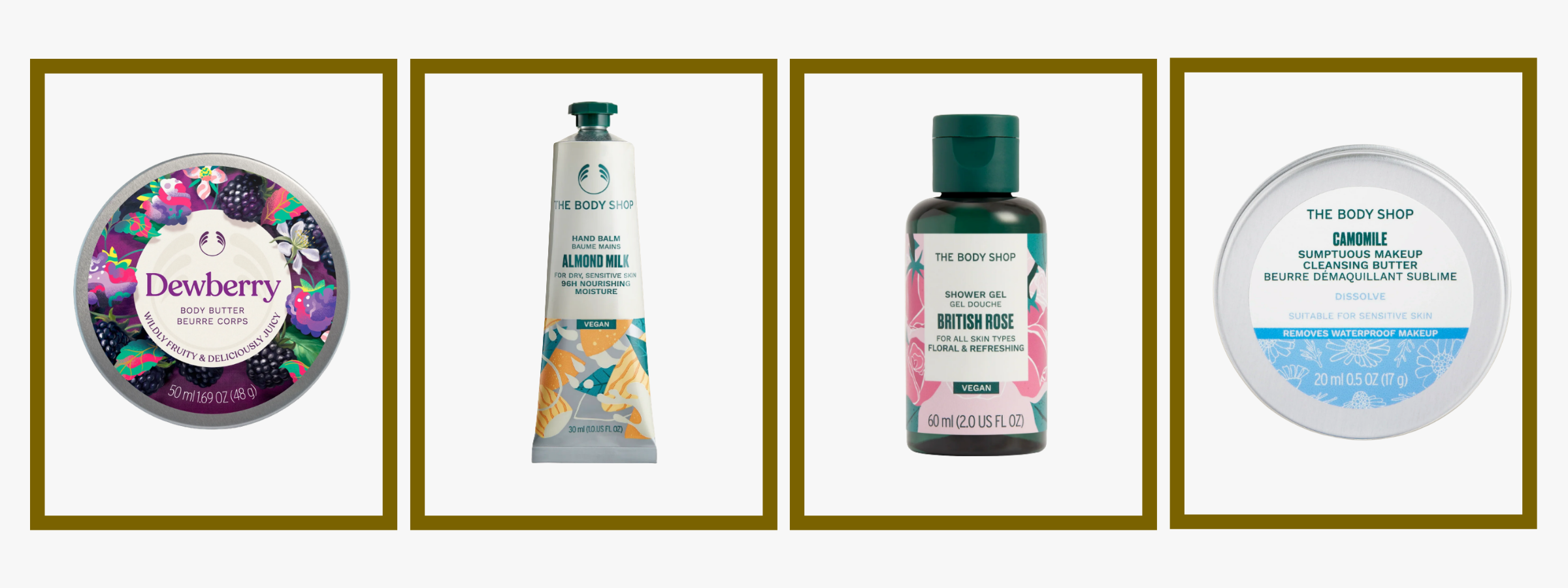 Four products from The Body Shop Classic Beauty Advent Calendar 2026 — Dewberry body butter, Almond Milk hand cream, British Rose shower gel and Camomile cleansing butter