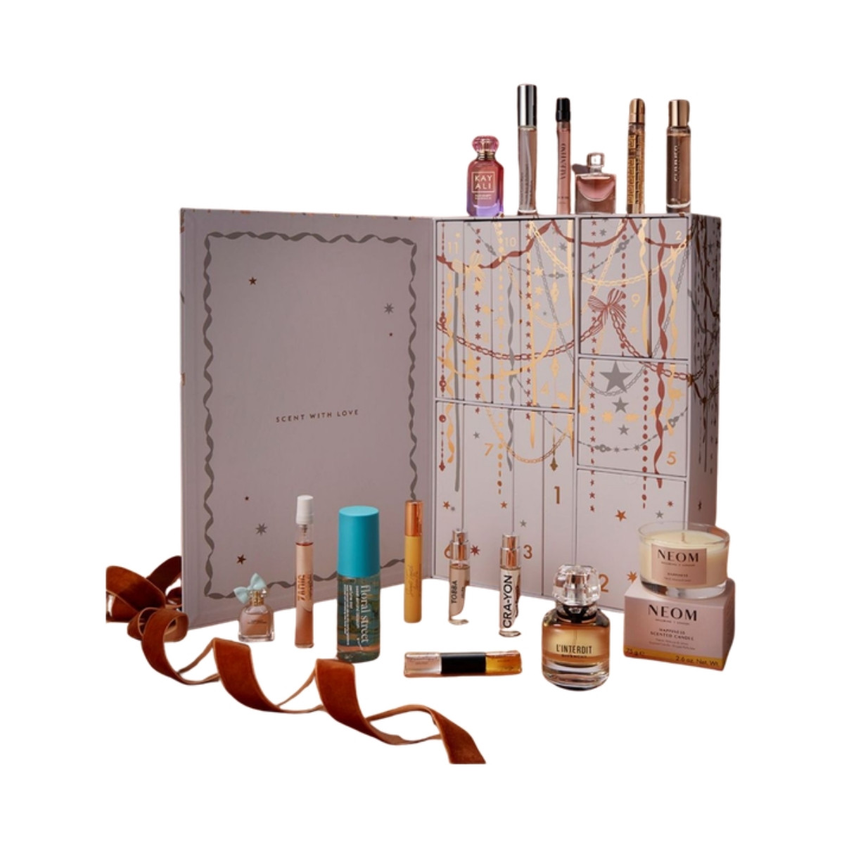 The Boots 12 Days of Scent Advent Calendar 2026 open, with its fragrances and a NEOM candle displayed in front