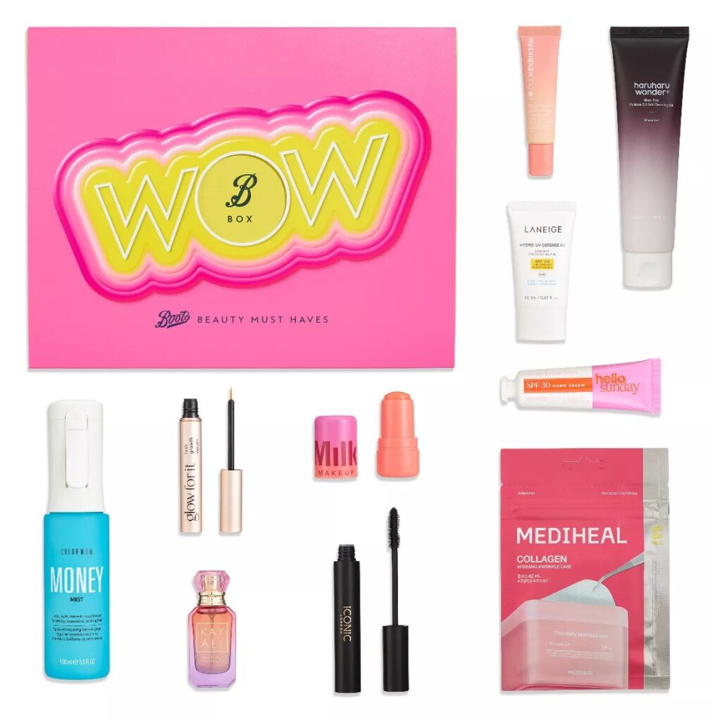 Flatlay of the Boots Trending Beauty Box contents on white: the pink box, Money Mist spray, mascara, lash serum, jelly tint, hand cream, Laneige sun cream, Kayali perfume and Mediheal pads