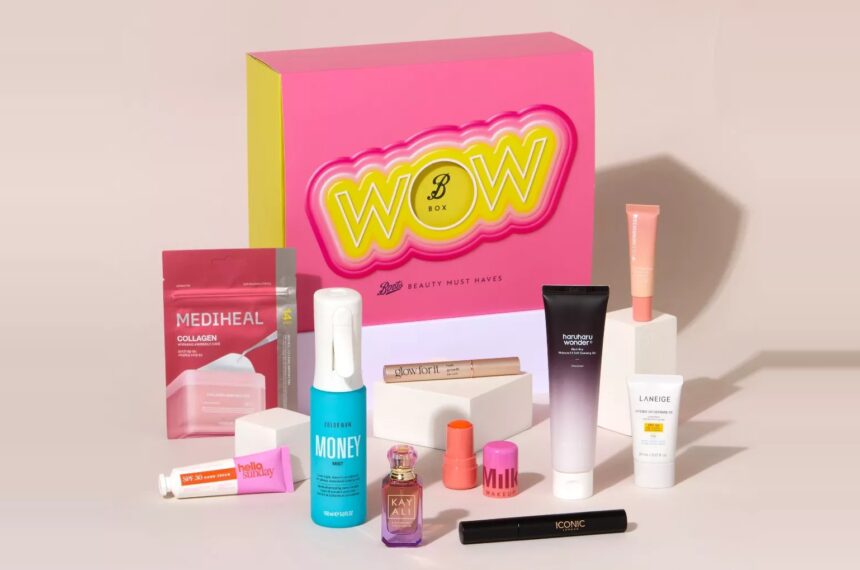 The pink Boots Trending Beauty Box with its ten products arranged in front, including Color Wow Money Mist, a Kayali perfume and a MILK Makeup jelly tint