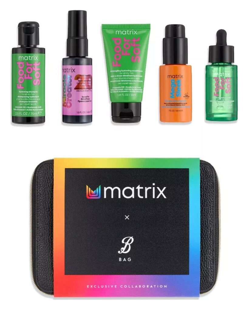 Contents of the Boots x Matrix Beauty Icons gift set: five Matrix haircare products above the black and rainbow makeup bag
