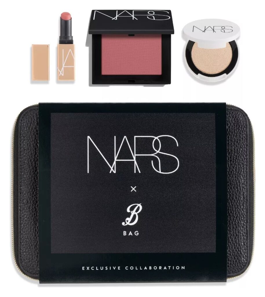 Contents of the Boots x NARS Beauty Icons gift set: Dolce Vita blush, Eros luminizer and Afterglow lipstick above the black makeup bag