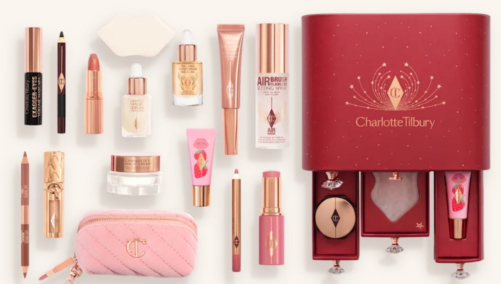 Full contents of the Charlotte Tilbury Hollywood Beauty Wonderland Advent Calendar 2026 laid out