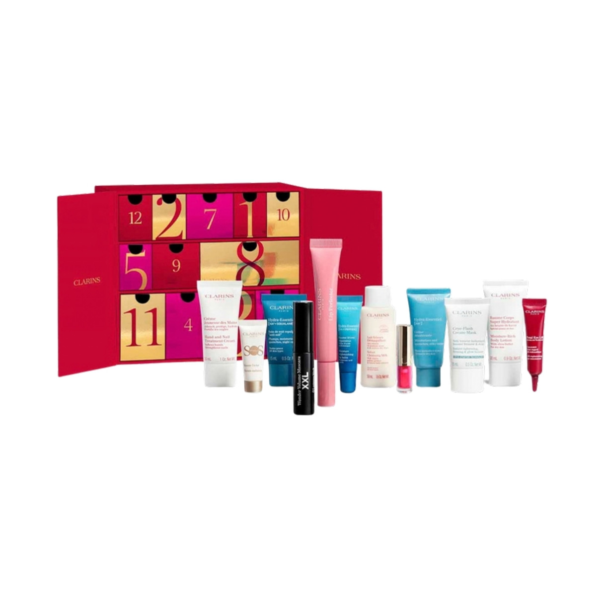 The Clarins 12 Day Beauty Advent Calendar 2026 with its twelve Clarins products lined up in front