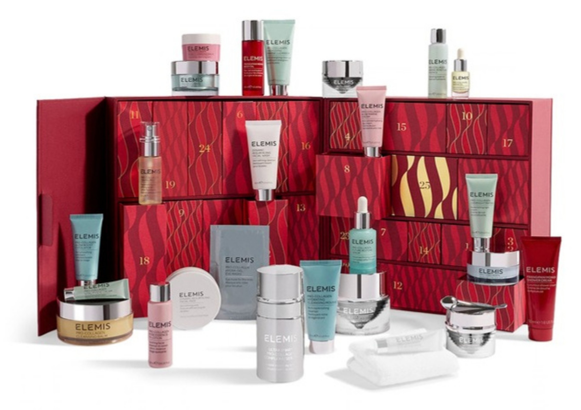 The Elemis A Treasure Trove of Skincare Advent Calendar 2026 open, with its Pro-Collagen and Ultra Smart products arranged in front of and on top of the red drawers