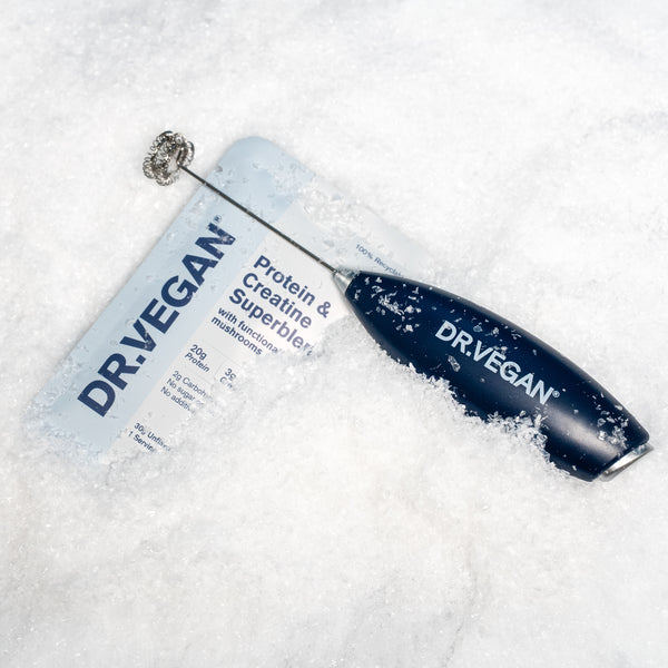 Dr.Vegan Protein & Creatine Superblend with its electronic whisk, from the Face the Future Winter Radiance Edit 2026