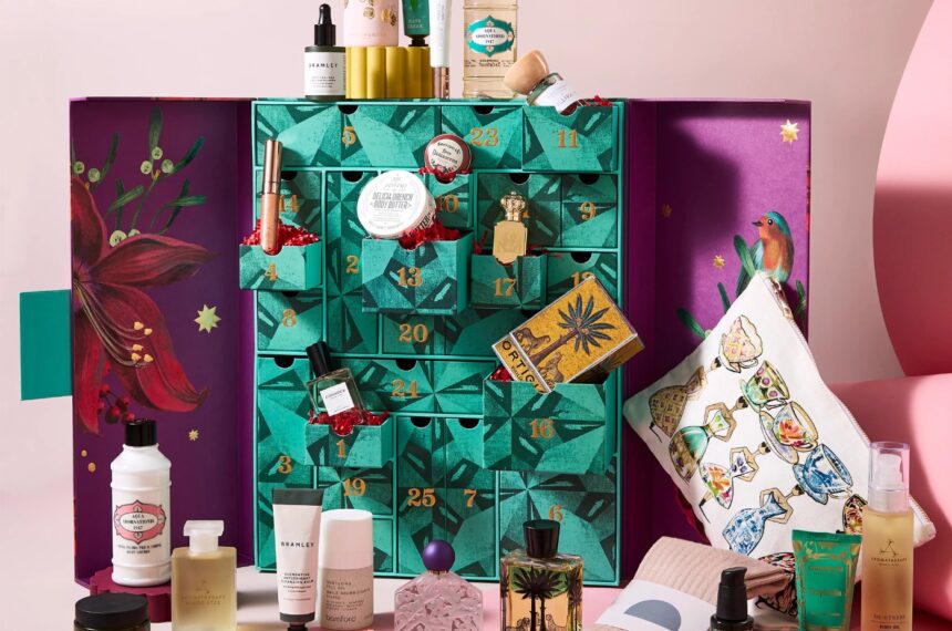 Fortnum & Mason Beauty Advent Calendar 2026, full 25-door teal and purple calendar with products displayed