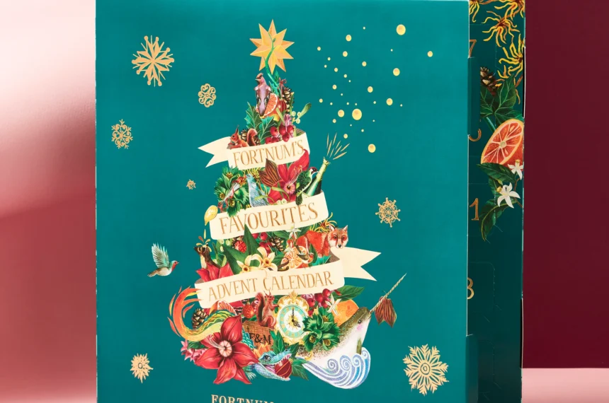 Fortnum's Favourites Truffle Advent Calendar 2026 closed, showing the teal box with its illustrated Christmas tree.