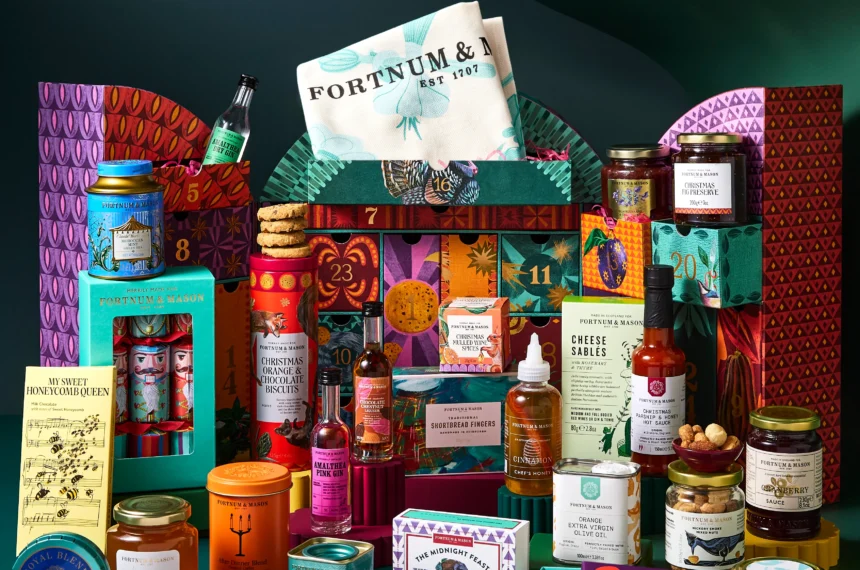 The full contents of the Fortnum's Feasting Advent Calendar 2026 arranged in front of the open box, including preserves, tea tins, biscuits and two miniature gins.