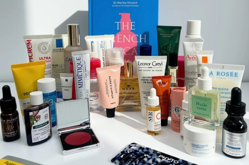 The French Pharmacy Advent Calendar 2026 contents lined up, including The French Skincare Bible by Dr Marine Vincent, Nuxe Huile Prodigieuse, Leonor Greyl shampoo, Avène Cicalfate+, SVR serum and a Phyto comb