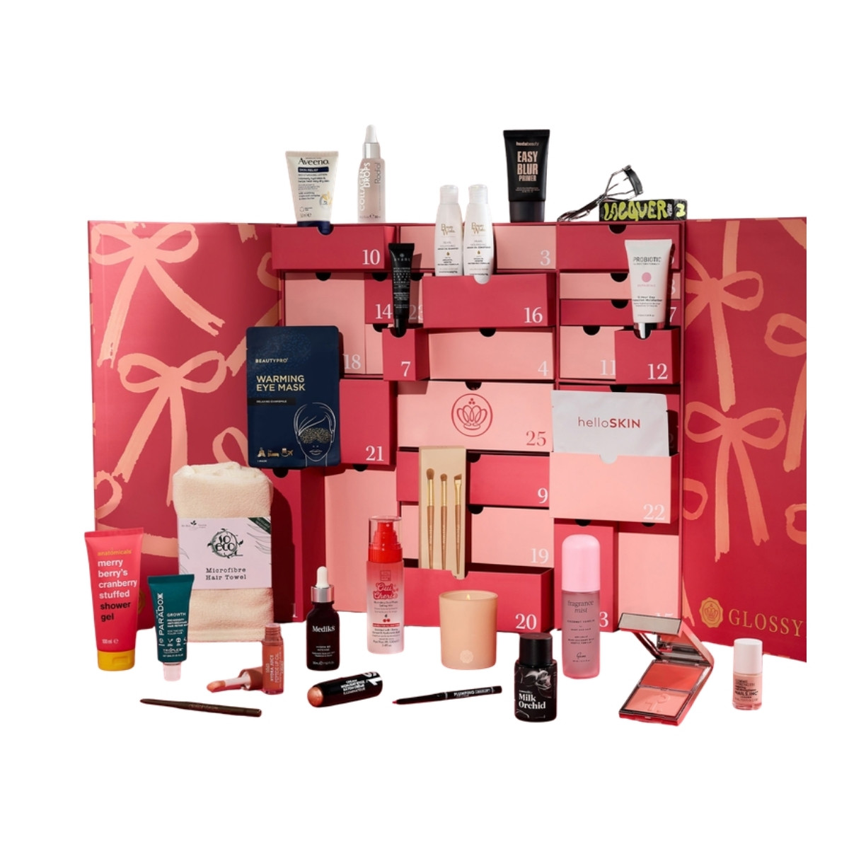 The Glossybox Advent Calendar 2026 open, with its beauty products displayed in and around the drawers