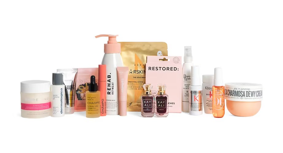 All 18 products in the Harrods 12 Days of Hair & Body Advent Calendar 2026 lined up, including the Philip Kingsley Elasticizer and Sol de Janeiro Rosa Charmosa cream