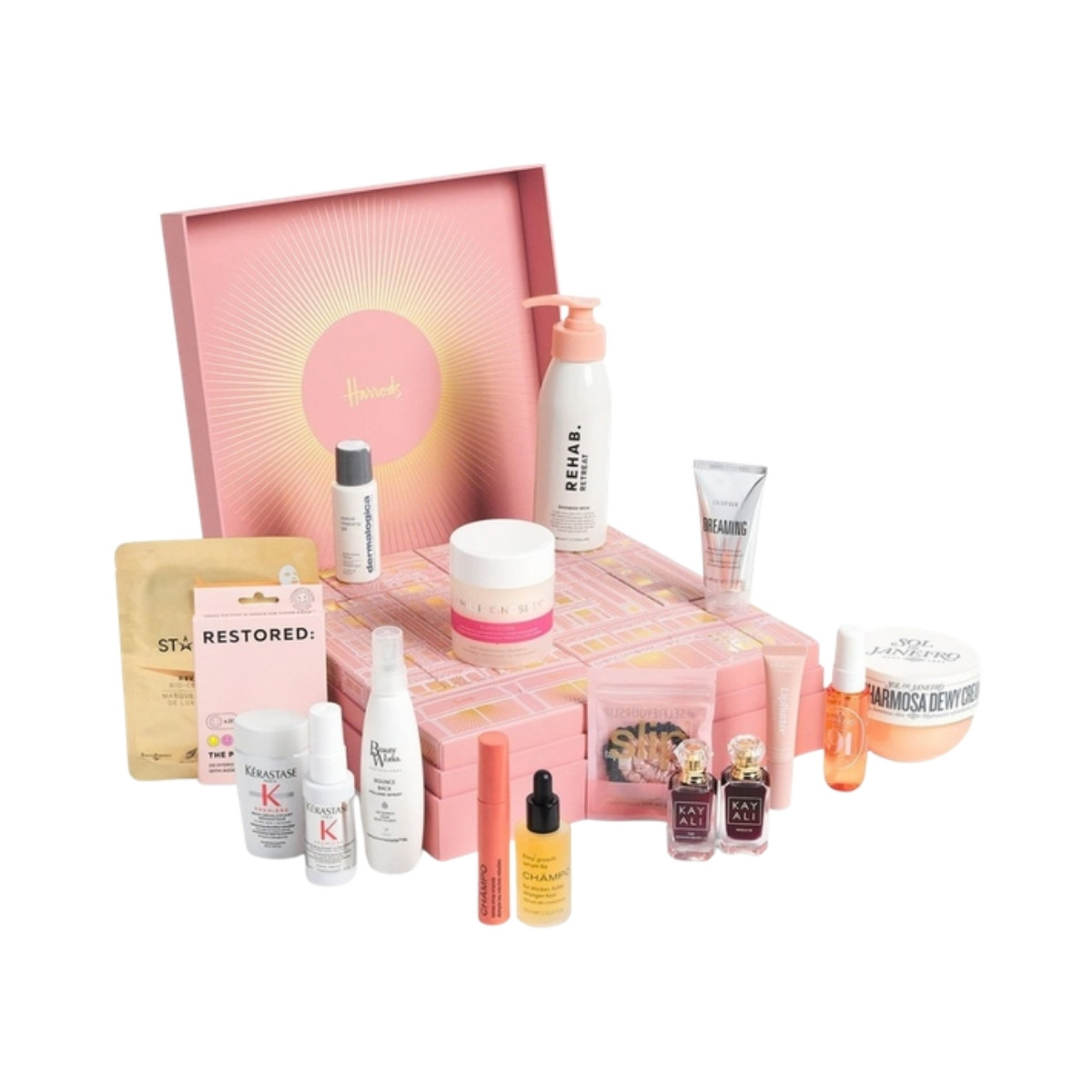 The Harrods 12 Days of Hair & Body Advent Calendar 2026 open, with its hair and body products displayed around it