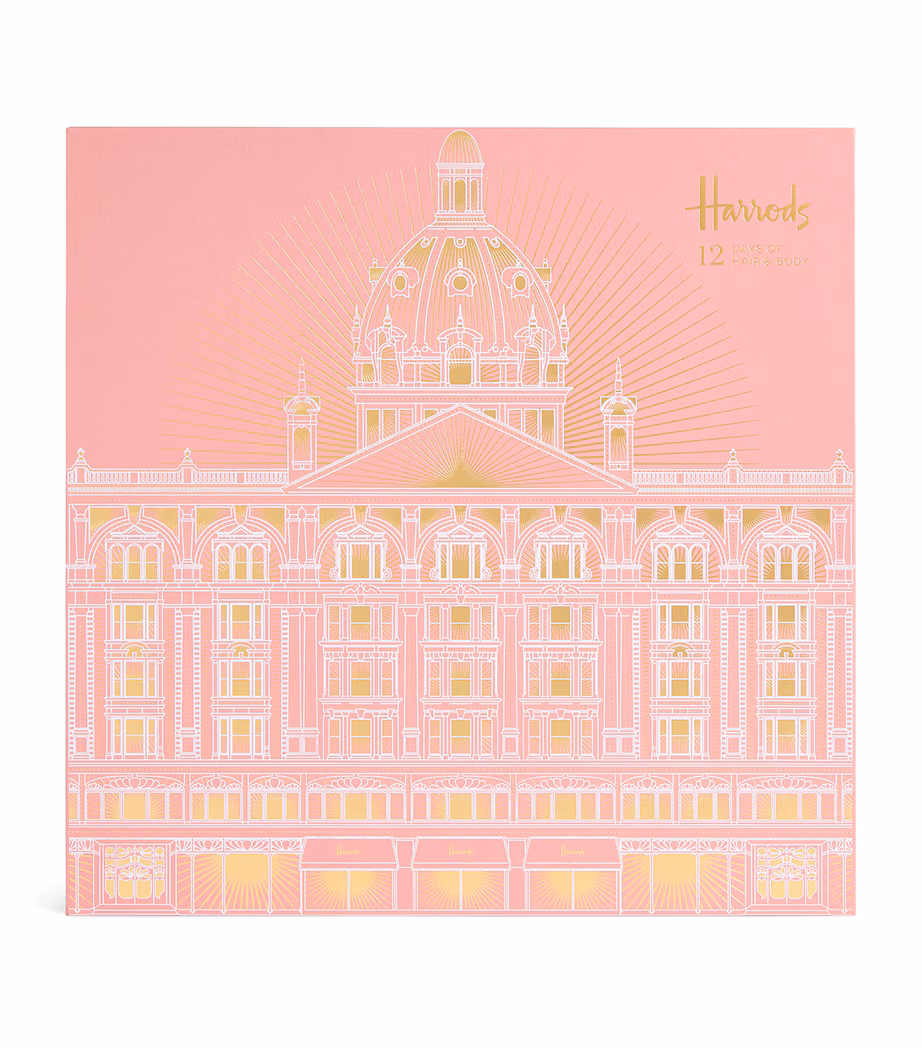 The closed Harrods 12 Days of Hair & Body Advent Calendar 2026, printed with the pink Harrods building illustration