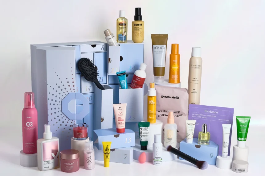 Justmylook Beauty Advent Calendar 2026 box with the full 29-product line-up displayed around it