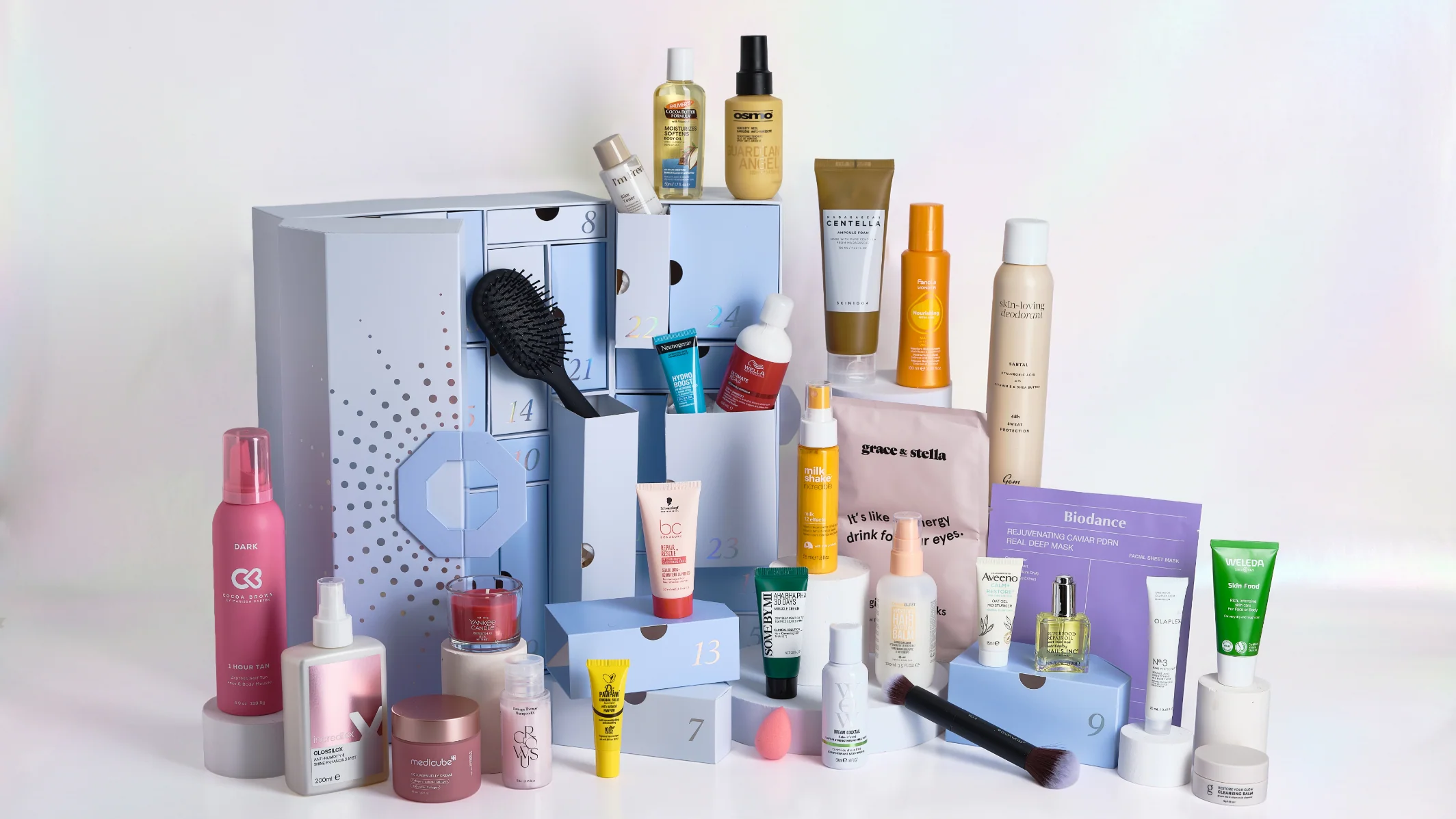 Justmylook Beauty Advent Calendar 2026 box with the full 29-product line-up displayed around it