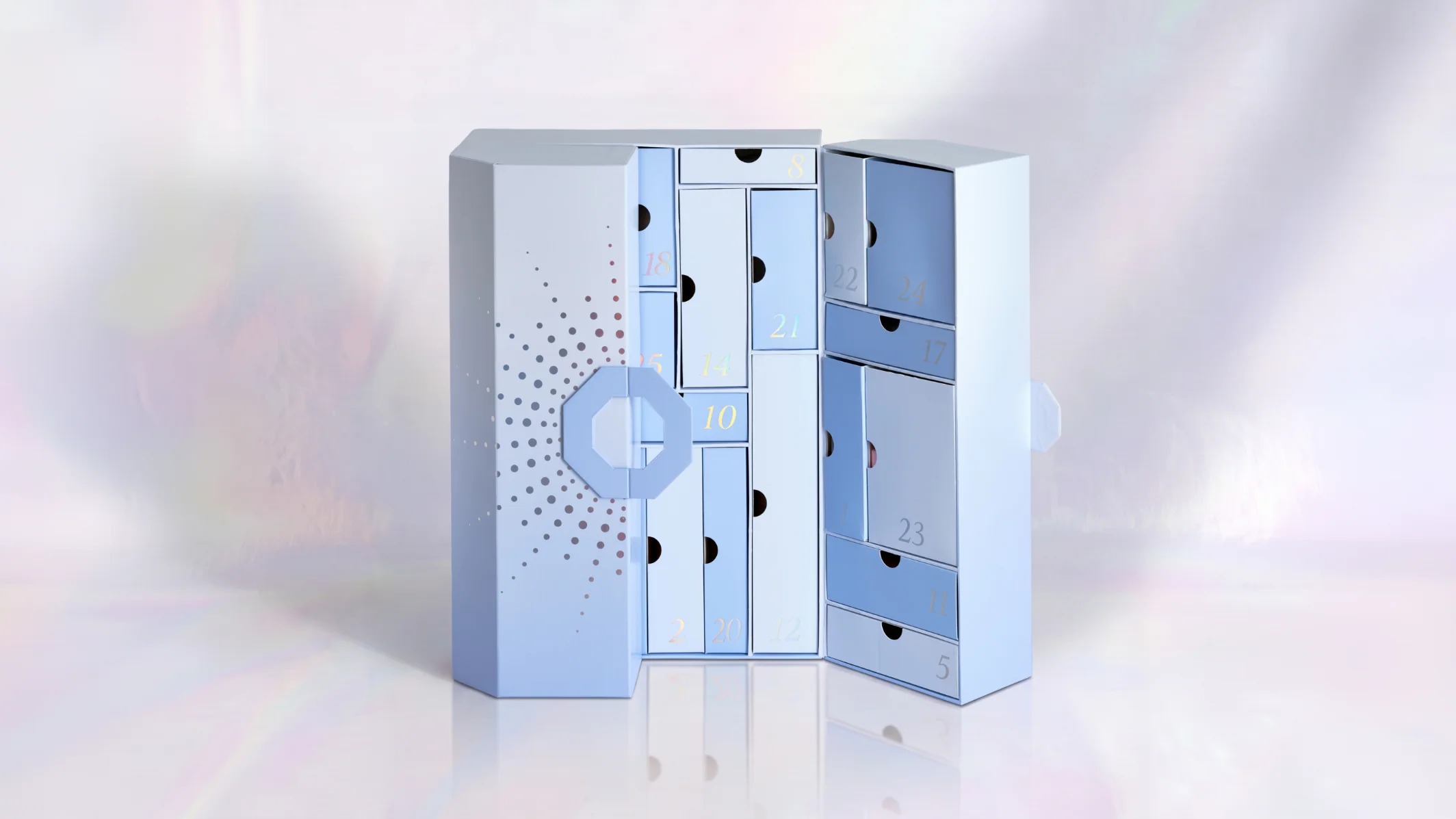 Justmylook Beauty Advent Calendar 2026 calendar box open, showing the blue numbered advent drawers
