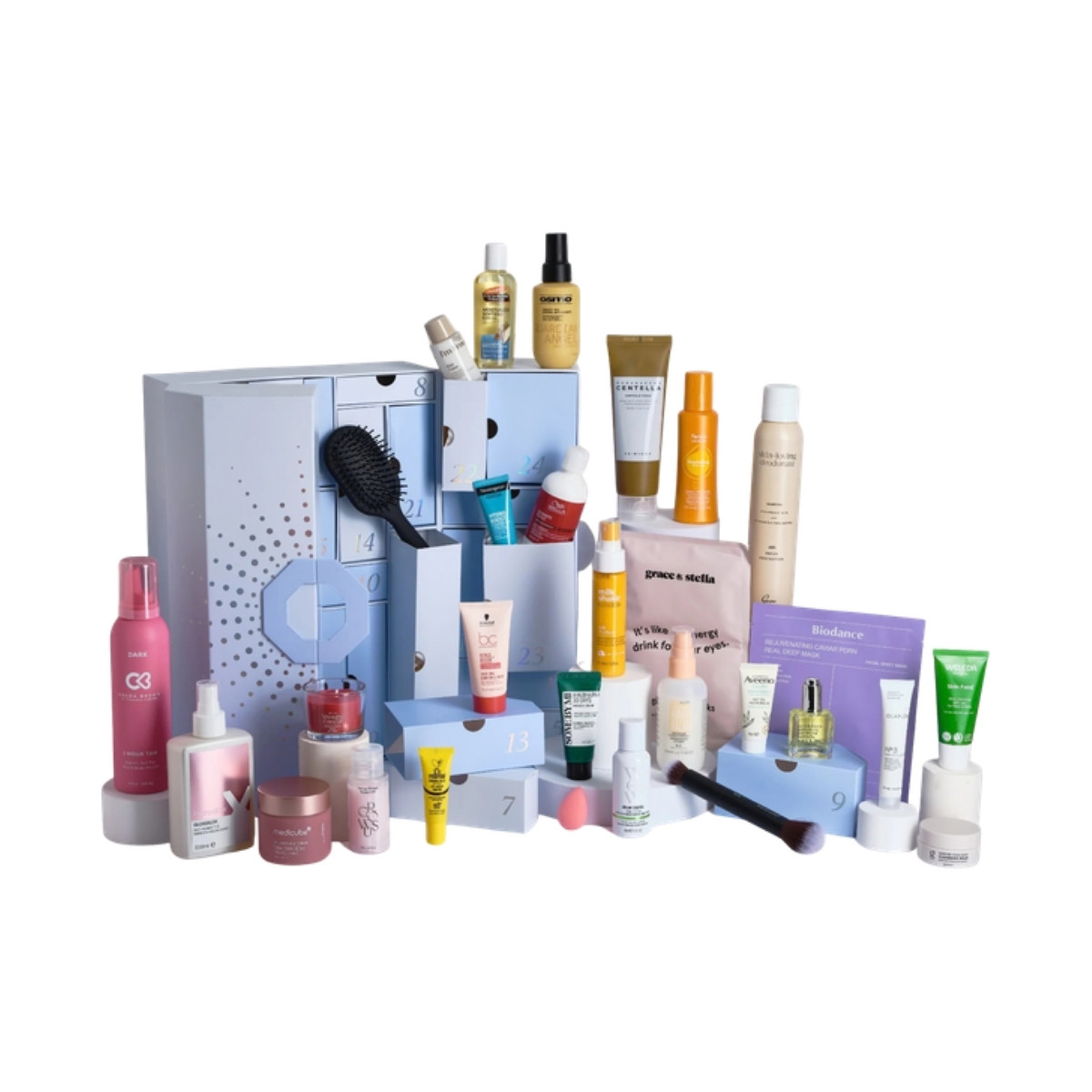 The Justmylook Beauty Advent Calendar 2026 with its hair and skincare products displayed in front