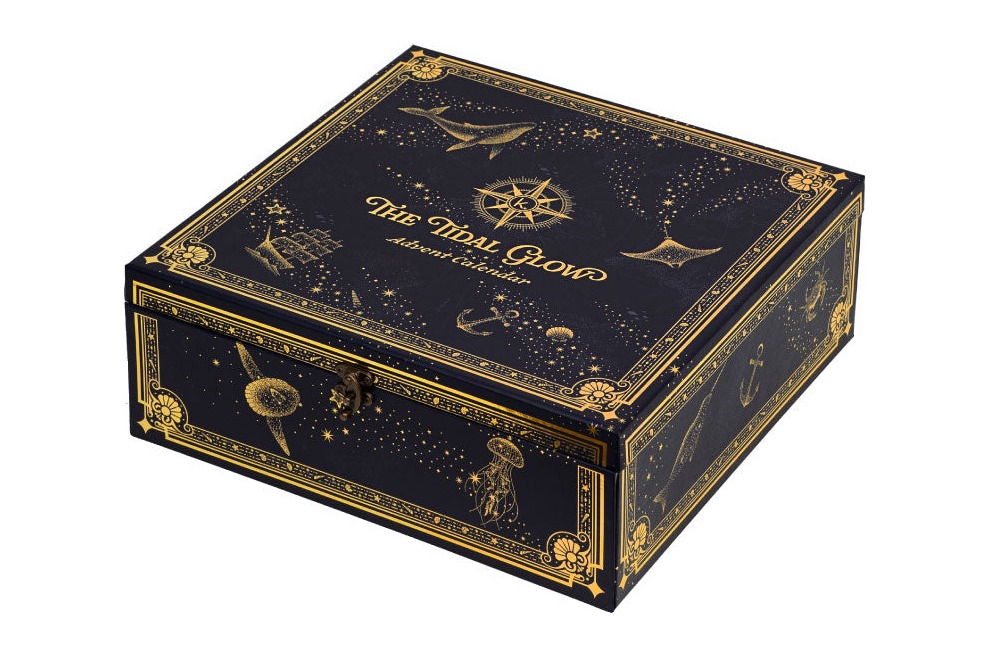 Korean Skincare Tidal Glow Advent Calendar 2026, the closed navy and gold treasure chest box