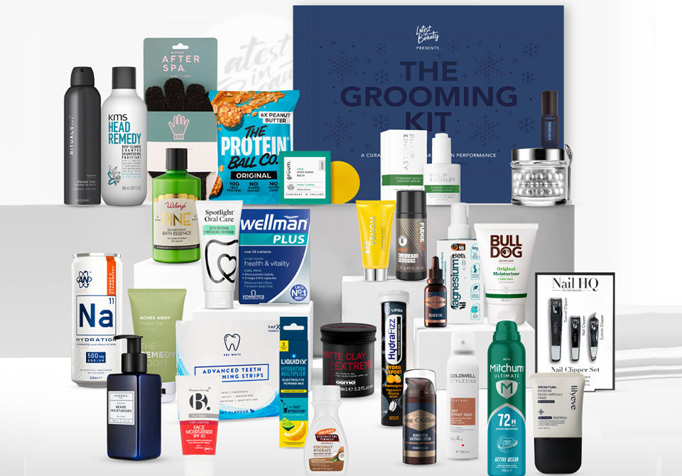 Latest in Beauty Grooming Kit Advent Edition 2026 box shown with all 30 grooming products