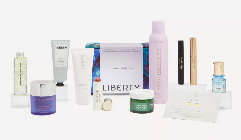 Liberty x Lisa Eldridge Founder's Kit 2026 in its Artists Bouquet print wash bag, with all eleven products shown whole in frame