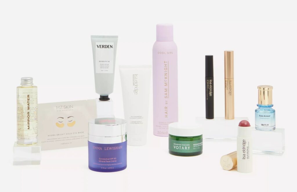 The products in the Liberty x Lisa Eldridge Founder's Kit 2026, including Lisa Eldridge Kitten Lash, Velatura Balm, Emma Lewisham SPF50 and Votary Radiance Reveal Mask